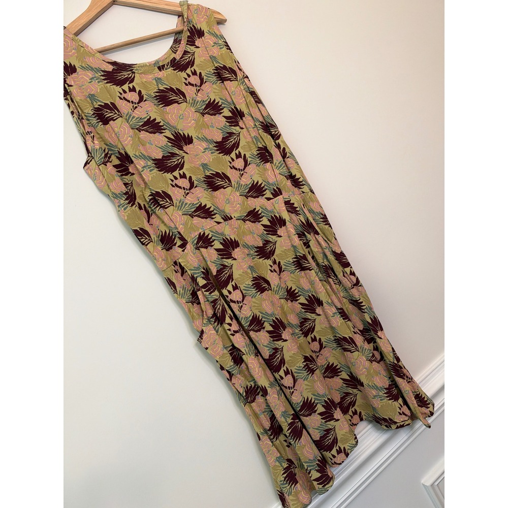 FLAX Vintage Midi Dress Women Large Tan Floral Rayon Sleeveless Pockets